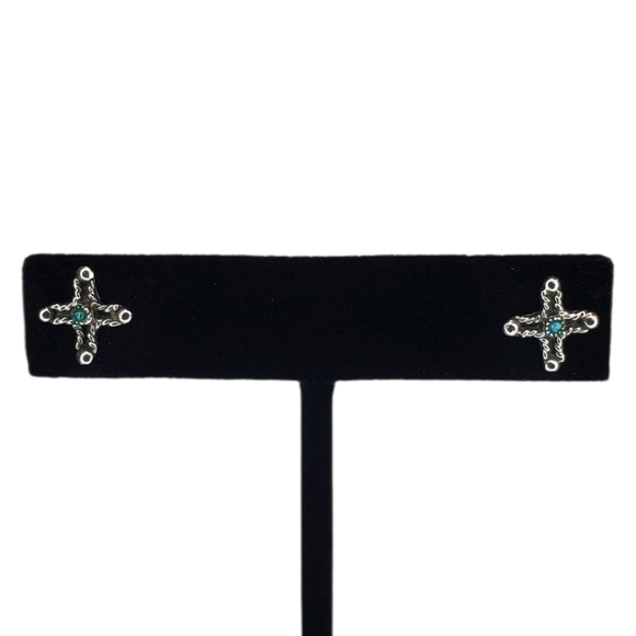 Vintage Unsigned Native American Sterling Silver & Turquoise Cross Stud Earrings - Picture 1 of 10